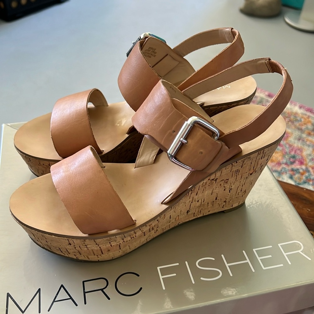 Marc Fisher Tan Wedge Sandals, 8